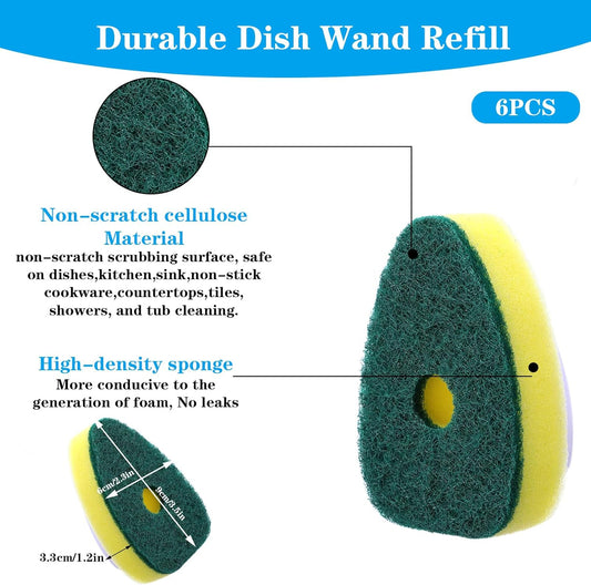 6Pcs Dish Wand Sponge Refills Dishwasher Sponge Dishwand Refills Scrubber Sponges Non Scratch Head Replacement for Dish Wand Heavy Duty Soap Dispenser Scrubber Pads for Kitchen Cleaning