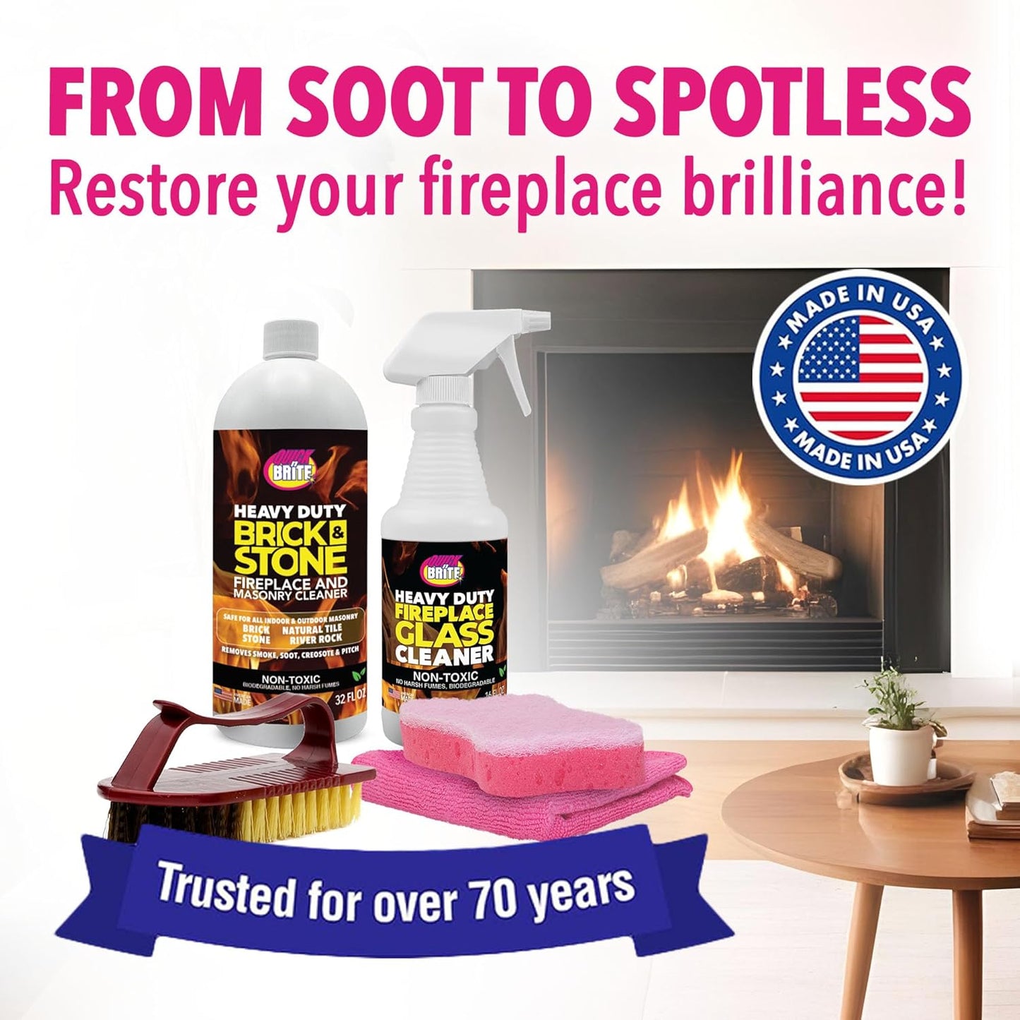 Quick 'n Brite Fireplace Gel Cleaner for Brick, Stone, Rock, Tile, and Marble, Nonabrasive Fireplace Cleaner, Made in the USA, 16 oz