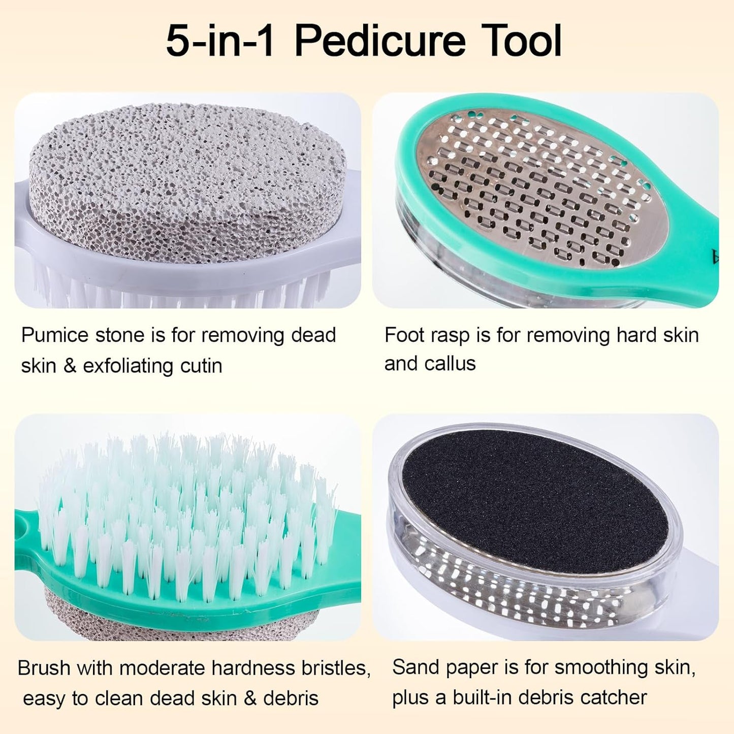 Foot File Callus Remover 5-in-1, 2 Pcs Feet Scraper Pedicure Tools with Pumice Stone, Scrubber Brush, Stainless Steel Foot Rasp and Sand Paper Debris Catcher, Multi Purpose, Cyan