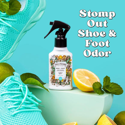 Sole-Pourri Shoe Deodorizer + Foot Spray, 3.4 Fl Oz, Up to 150 Uses, Funk-Fighting Odor Freshener with Essential Oils, for Smelly Shoes, Feet & Gym Bags, Citrus & Mint Scent