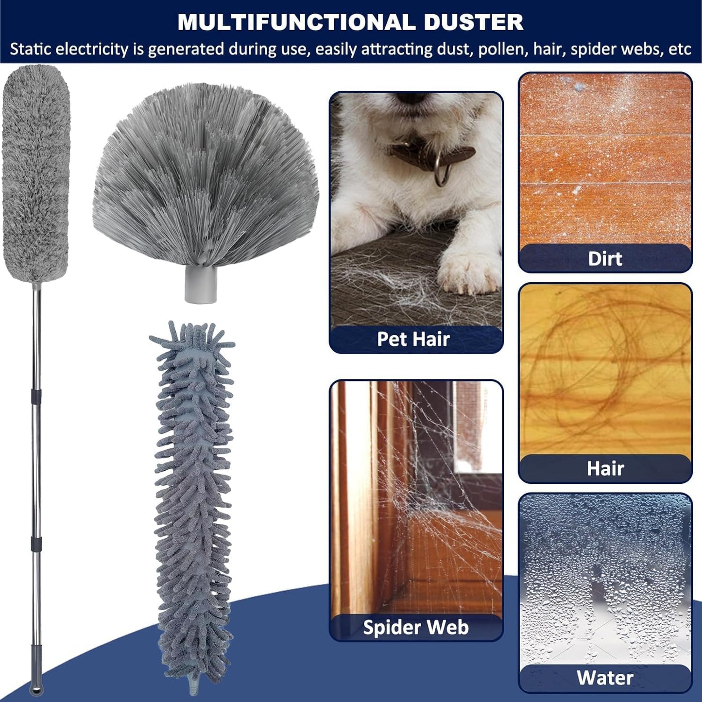20+ Feet High Reach Duster Kit with 3-14 ft Extension Pole for Cleaning Fan, Spider Web, High Ceiling, Blinds, Furniture, Cars - Cobweb Microfiber Duster // Outdoor & Indoor Extendable Duster