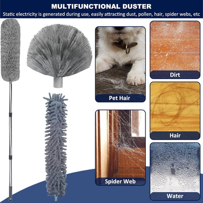 20+ Feet High Reach Duster Kit with 3-14 ft Extension Pole for Cleaning Fan, Spider Web, High Ceiling, Blinds, Furniture, Cars - Cobweb Microfiber Duster // Outdoor & Indoor Extendable Duster