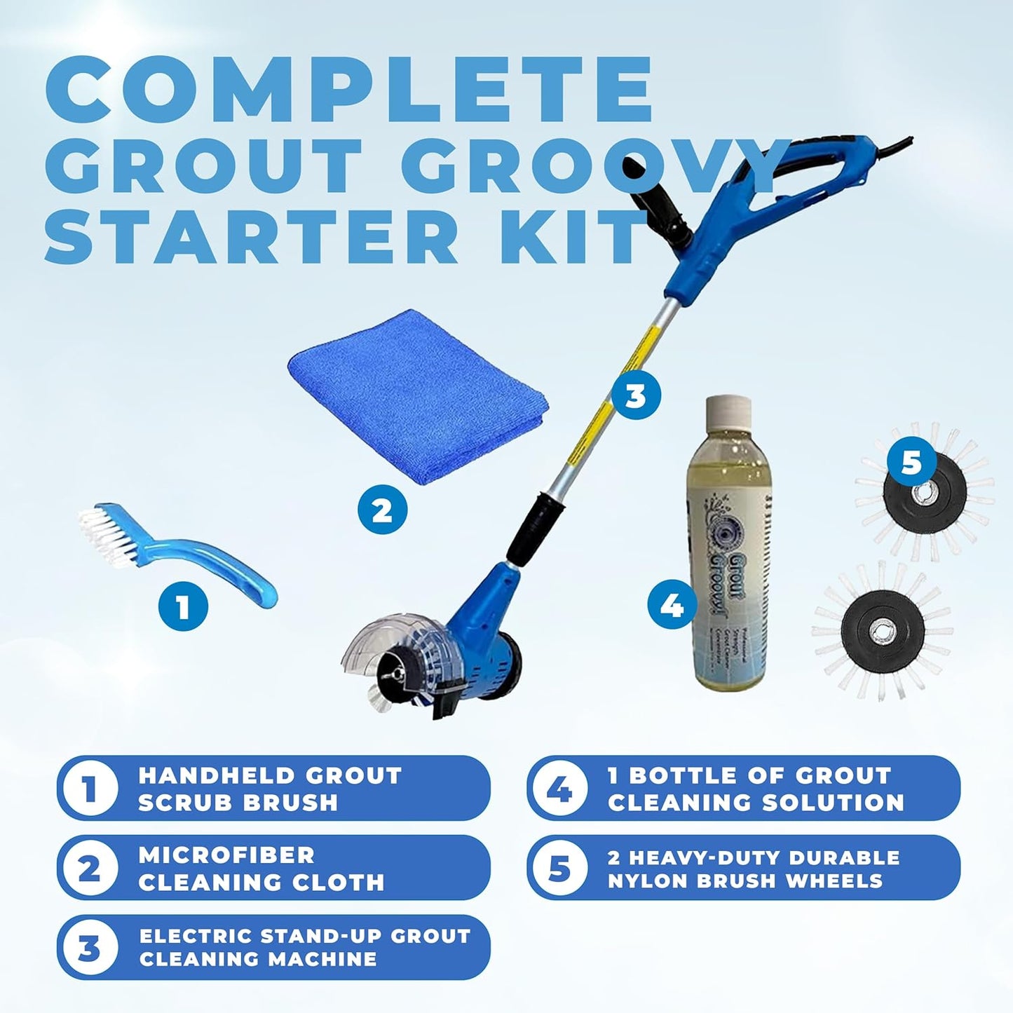 Grout Cleaner Bundle, Electric Stand Up Tile Grout Cleaner Machine with 20’ Cord, 3 Brush Wheels, 1 Cleaner, 1 Grout Hand Brush, 1 Microfiber Cloth