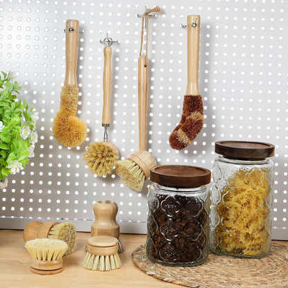 9 Pcs Bamboo Dish Brush Set Wooden Dish Brush with Sisal and Palm Fiber Natural Wooden Kitchen Brushs Practical Dishs Cleaning Brushs Sets for Pots Pans Bottle Sink Vegetables Household Cleaning