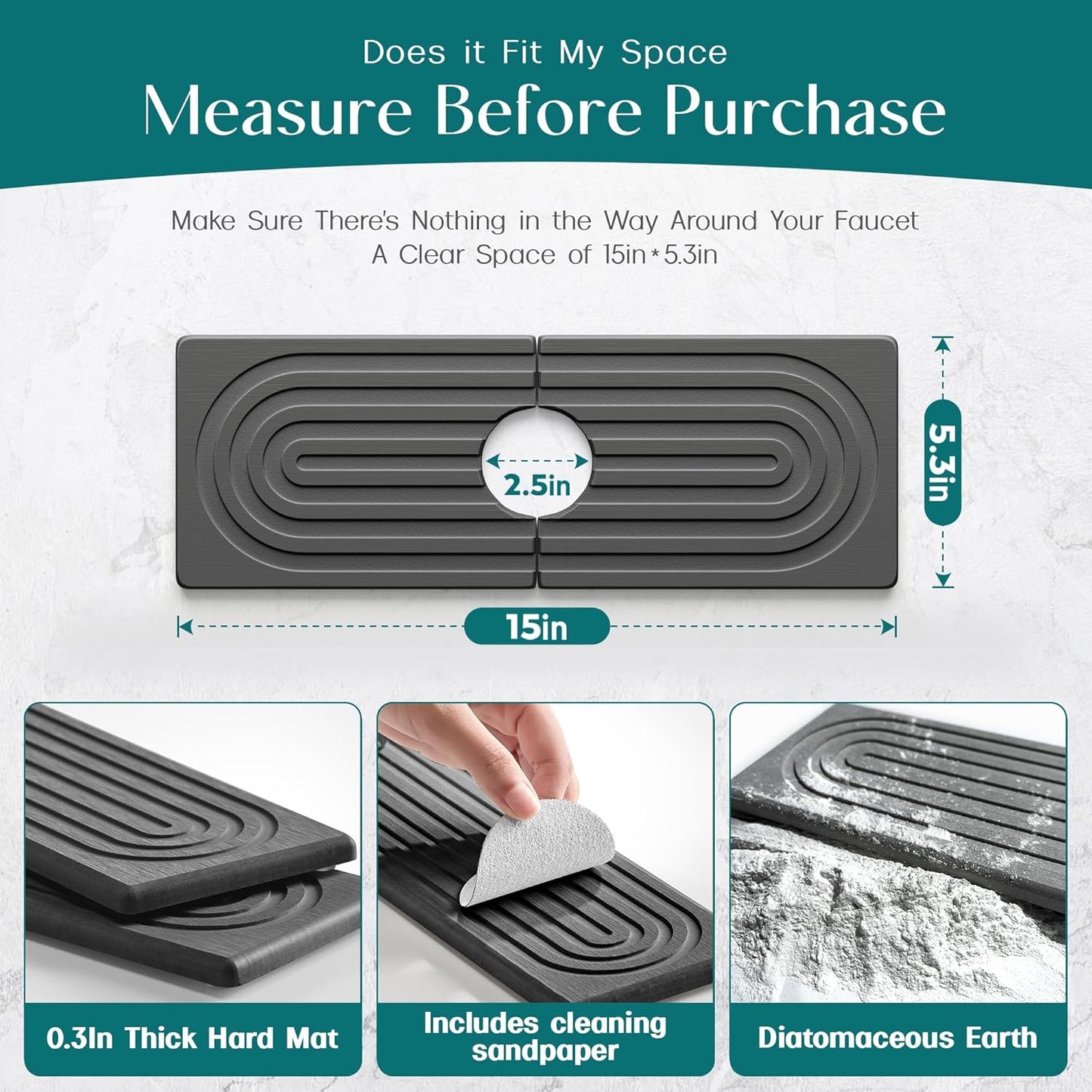 Eormoe Faucet Mat for Kitchen Sink – Diatomite Stone Drying Mat & Sink Protectors, Prevent Moisture – Sink Splash Guard Water-Absorbing Stone Tray for Bathroom Counter (Light Grey, 23.6" x 3.9")