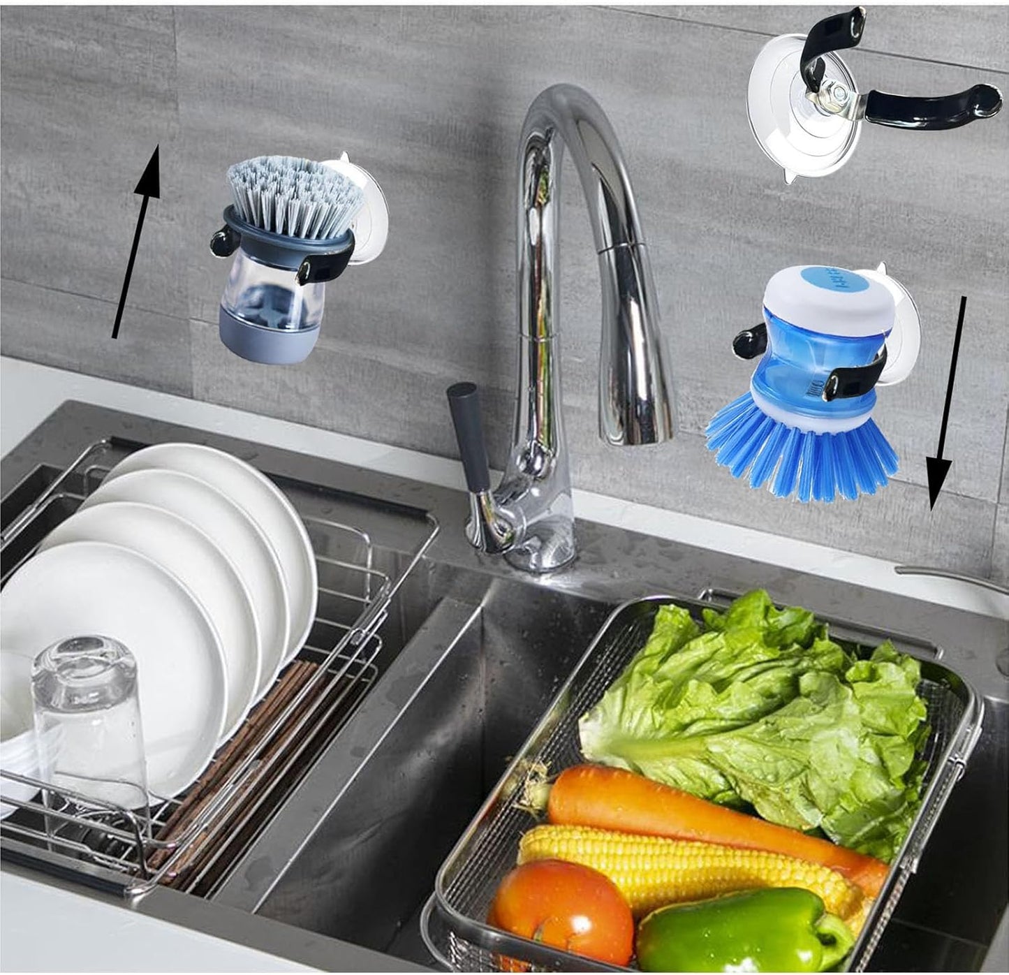Soap Dispensing Palm Brush Holder Dish Brush Holder for Kitchen Dish with Soap Dispenser Pot with a Traceless Suction Cup (Small)