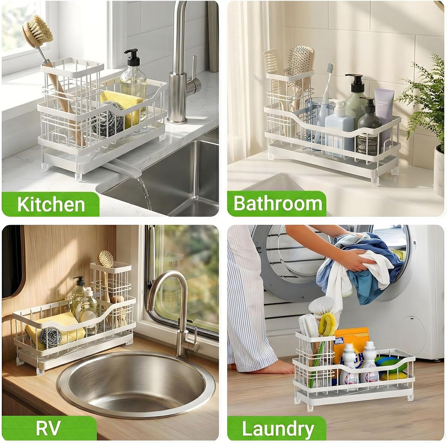 Sponge Holder for Kitchen Sink, Self-Draining Sink Caddy Organizer with Removable Brush Holder, Rustproof Metal Sponge Rack for Countertop, Fits Soap Dispenser & Scrubber, Black