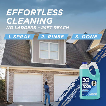 30 SECONDS Outdoor Window & Screen Concentrated Cleaner for Glass, Patio Doors, Fiberglass, Furniture - No Screen Removal Required, Spray & Rinse - Hose End Spray Attachment (2 PACK)
