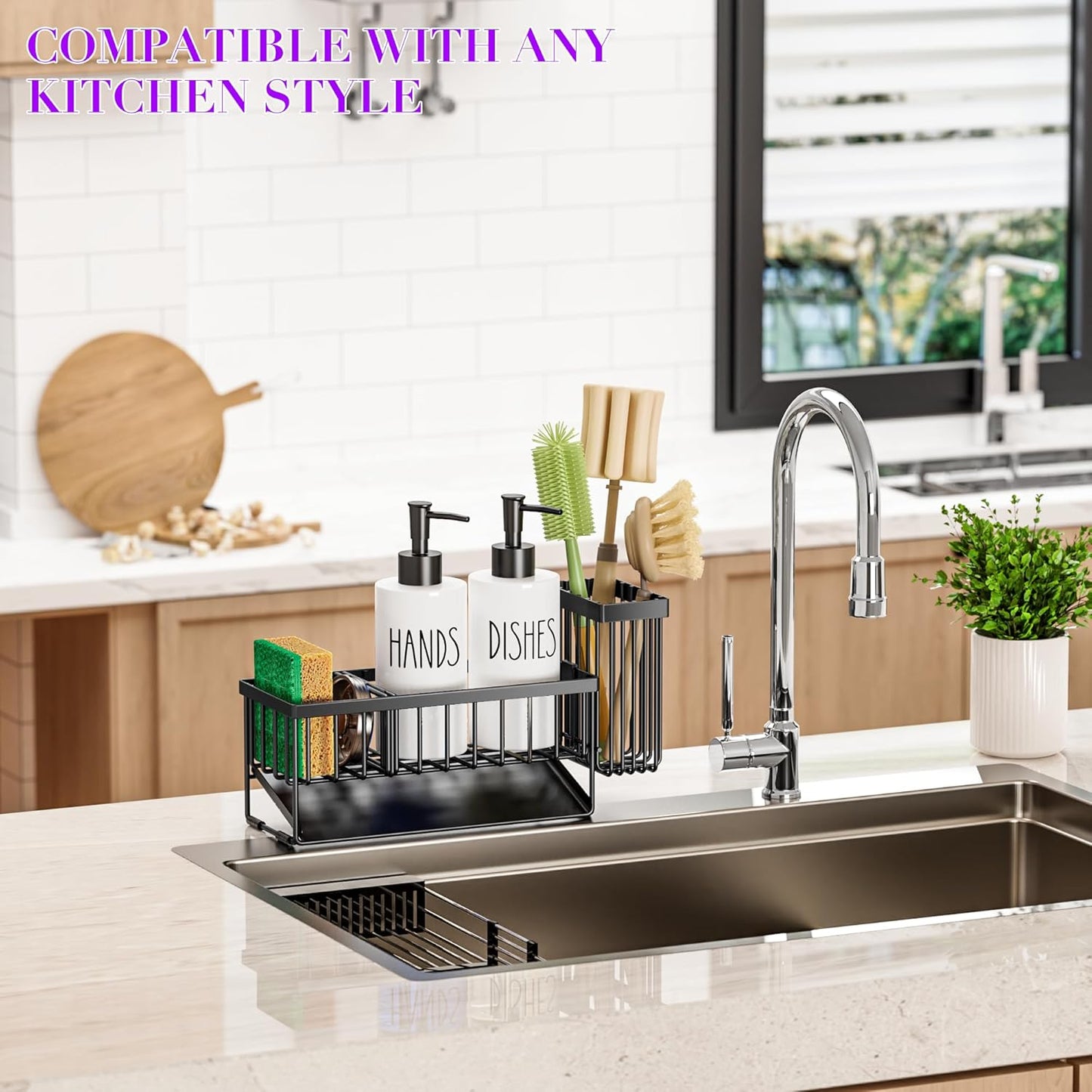 MASADI Kitchen Sink Caddy with Dish Soap Dispenser Set, 12OZ Glass Bottle, Hand and Dish Soap Dispenser Set, Non-Slip Silicone Pad, Brush Holder, Kitchen Sink Organizer Countertop (Black+Clear)
