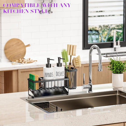 MASADI Kitchen Sink Caddy with Dish Soap Dispenser Set, 12OZ Glass Bottle, Hand and Dish Soap Dispenser Set, Non-Slip Silicone Pad, Brush Holder, Kitchen Sink Organizer Countertop (Black+Clear)