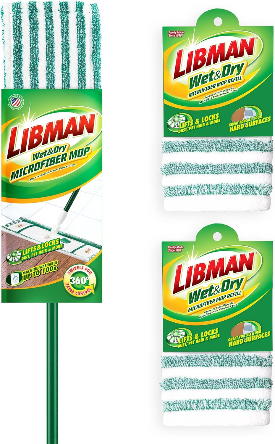Libman Wet & Dry Microfiber Mop Refills | Dust Mop for Hardwood Floors | Wall Mop | Mops for Floor Cleaning | 3 Total Microfiber Mop Pads Included
