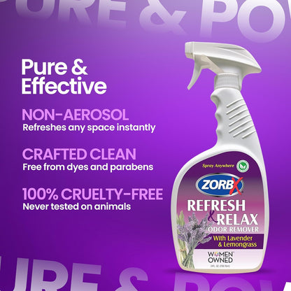 ZORBX Refresh & Relax Odor Remover Spray with Lavender & Lemongrass 8 Oz (Pack of 2) – Permanent Solution Room Freshener & Air Freshener Spray for Home, Bathroom, Furniture, Carpet, Car, Gym & Laundry