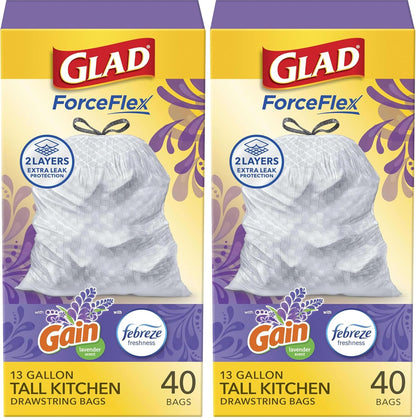 Glad ForceFlex Tall Kitchen Trash Bags, 13 Gal, Gain Lavender with Febreze, 110 Ct (Pack May Vary)