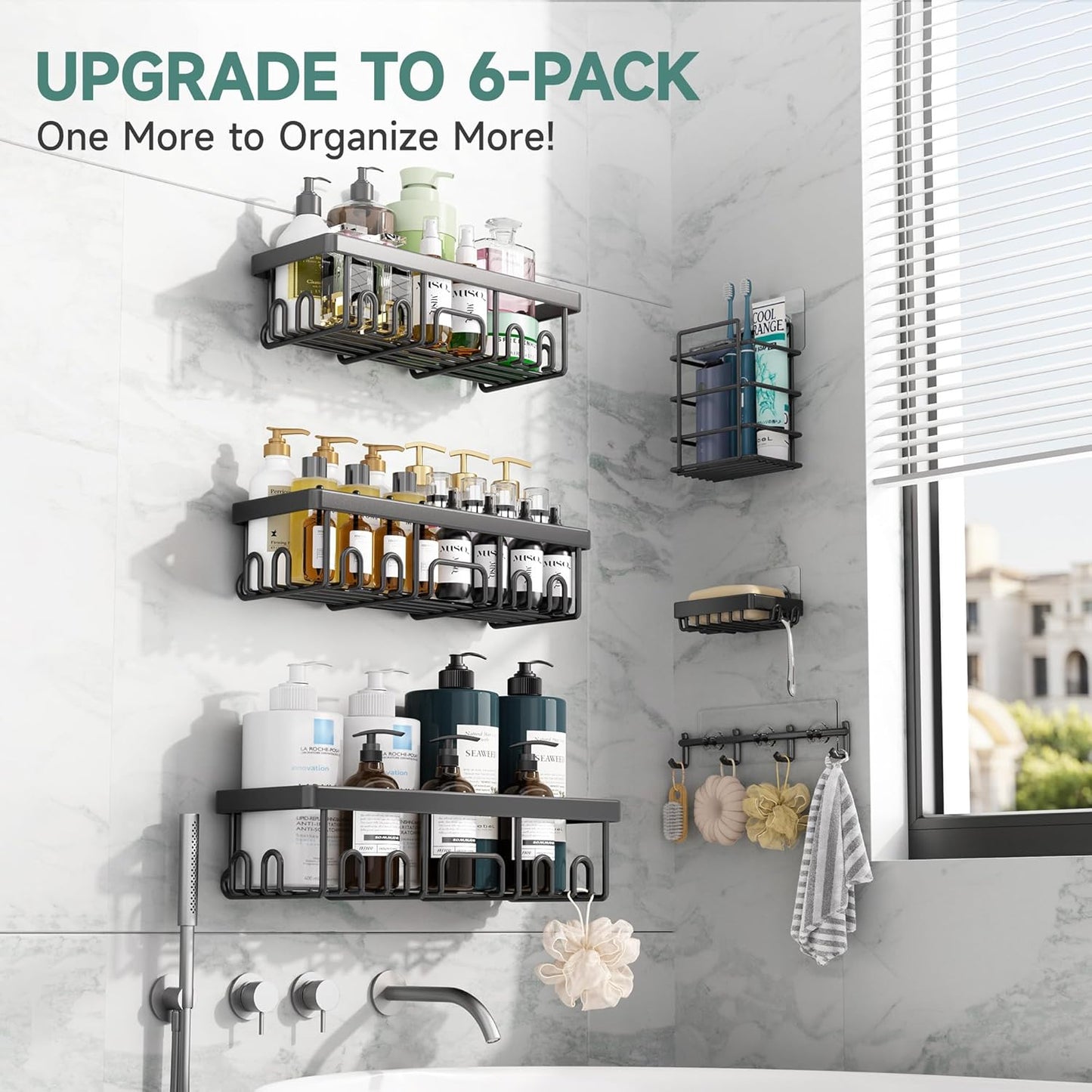 Veken Shower Caddy 6-Pack, Advanced Rustproof Design, No Drilling Adhesive Shelves, Rack with Soap Holder, Large Capacity Bathroom Organizers and Storage, Wall-Mounted, Gifts for Women Mom