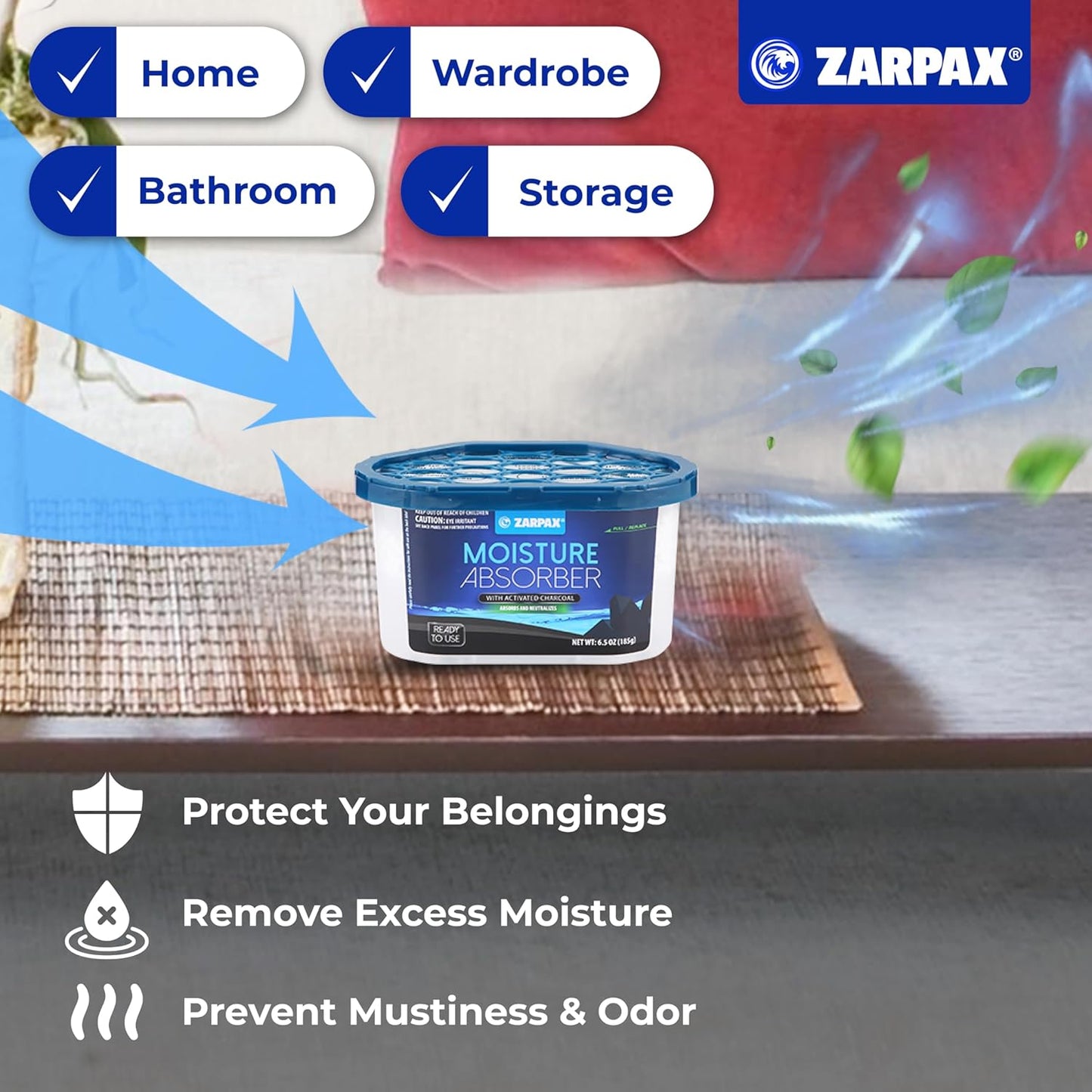 ZARPAX Moisture Absorber Activated Charcoal 10.5 oz/300g | Removes Moisture, Damp, Humidity & Odors | Odor Absorber | Moisture Trap for Bathroom, Closet, Kitchen & Small Spaces | Set of 6