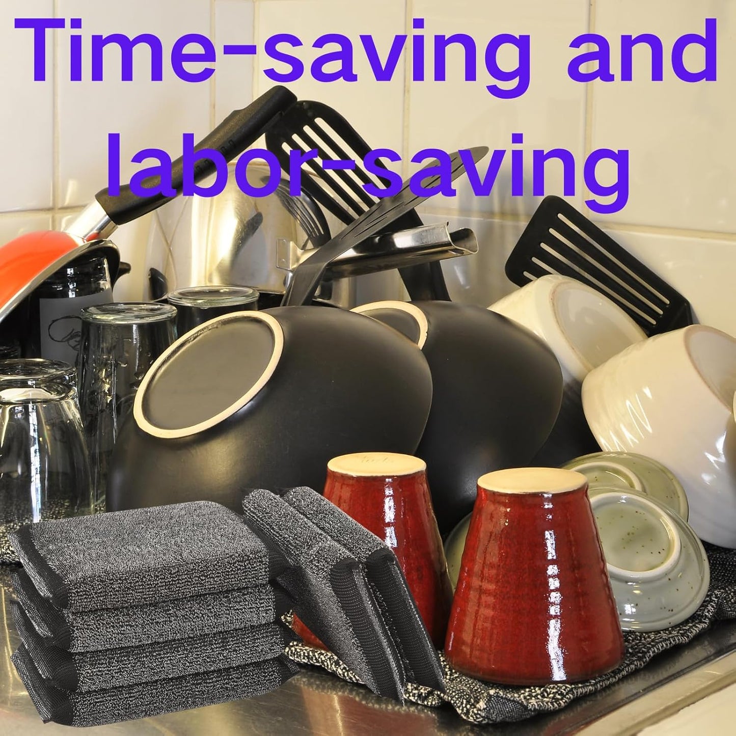 Kitchen Dish Sponges Steel Scrubbers - 6 Pack Black Non Scratch Heavy Duty Scrub Sponges，Reusable Multipurpose Metal Cleans for Washing Dishes，Pots and Pans，Household Cleaning，Bathroom