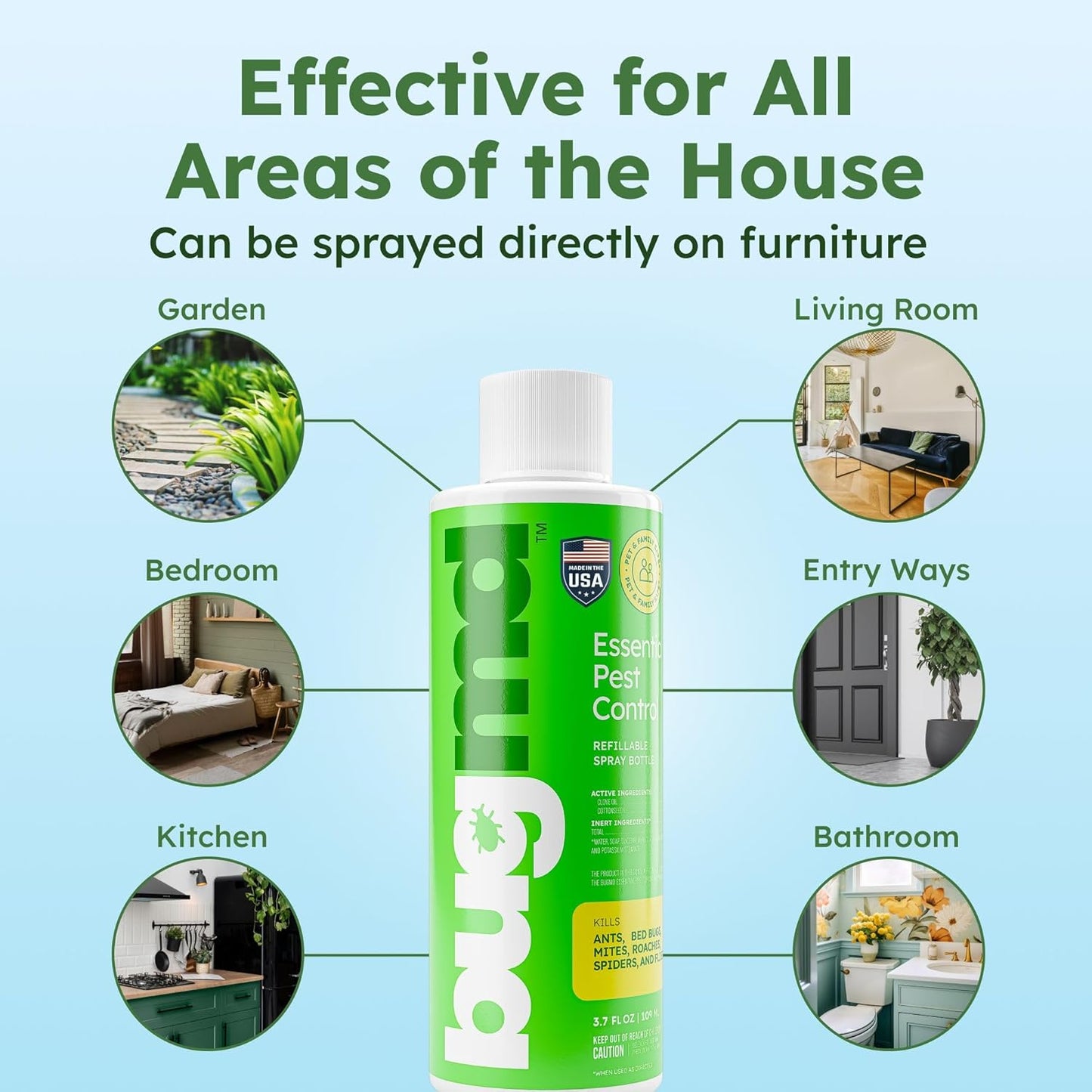BugMD Empty Refillable Spray Bottle 32 oz for Pest Control Essential Oil Concentrate (Sold Separately), 3 Modes