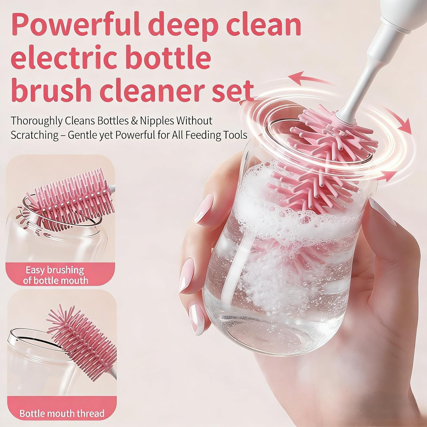Portable Electric Silicone Bottle Brush Set, 7-in-1 UV Light USB Charging, Nipple/Straw Cleaner, Milk Mixer, Built-in Drying Rack & Storage Case, BPA-Free, IPX7, On-the-Go for New Parents (Mint)