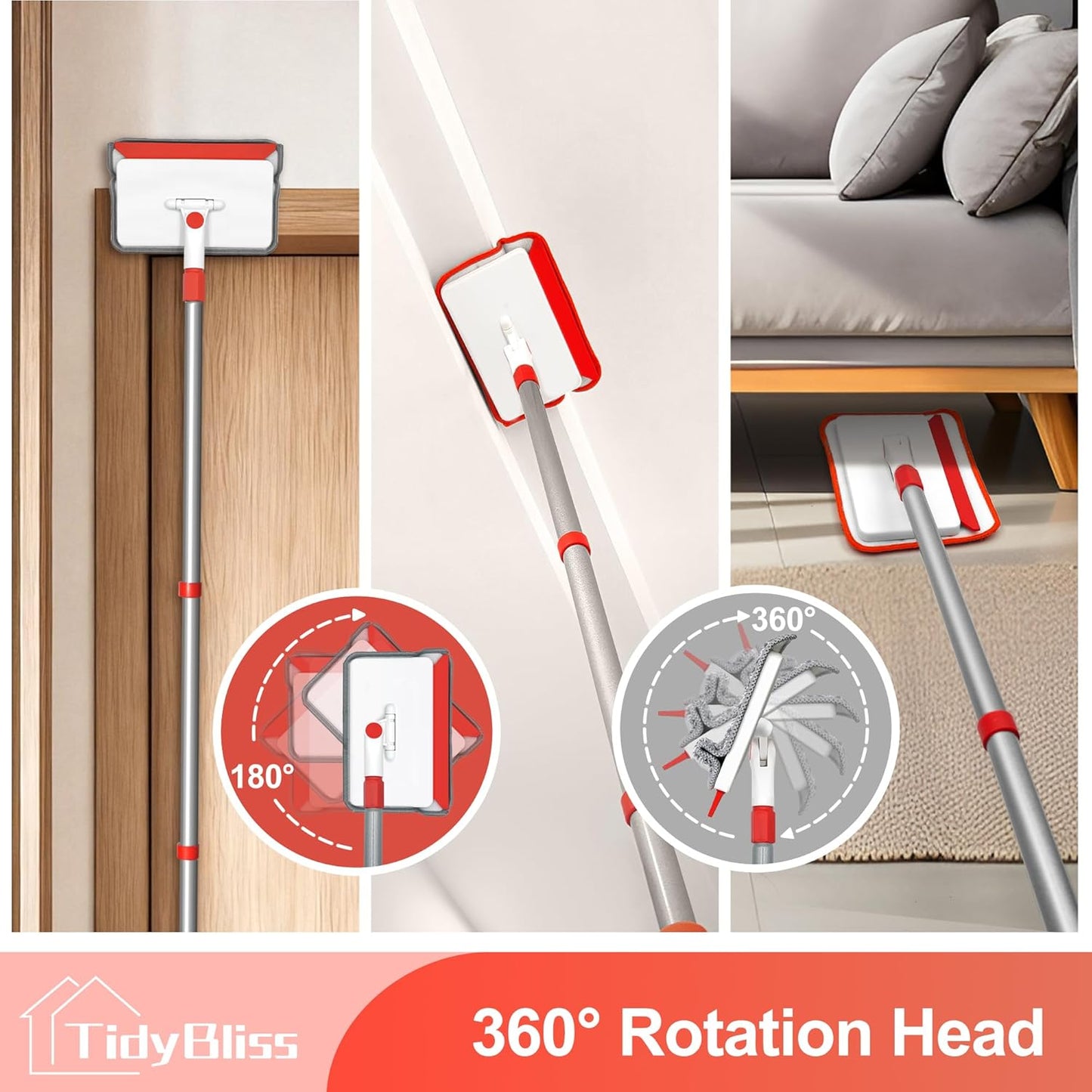 Baseboard Cleaner Tool with Handle, 55.9” Long Wall and Base Board Cleaning Mop, 4 Reusable Pads, 1 Stiff Bristle Scrubber Brush for Floorboard Ceiling Cabinet Window Bathroom Kitchen (Red)
