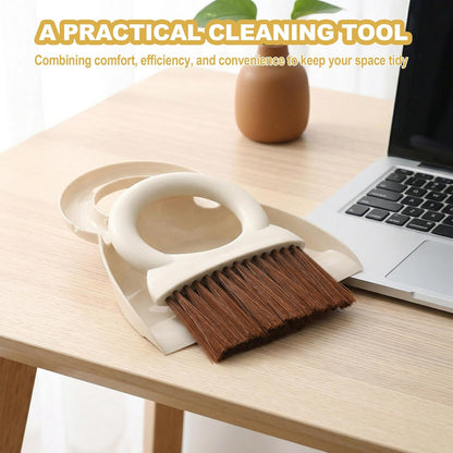 Mini Broom and Dustpan Set with Round Handle, Compact Small Hand Broom with Soft Bristles for Kitchen Counter, Desk, Drawer, Pet Area & Car Interior, Space-Saving Portable Cleaning Tool (Coffee)