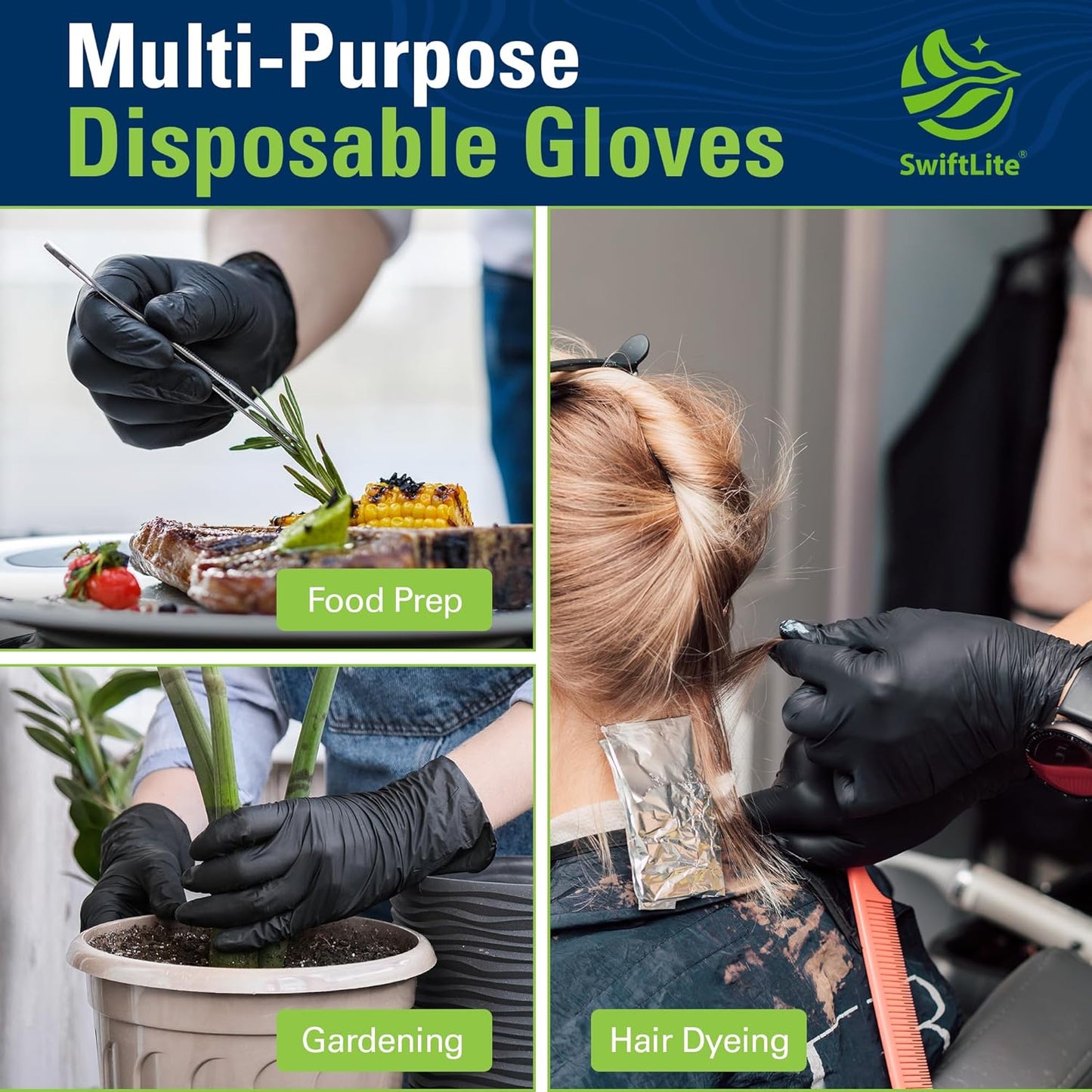 SWIFTLITE Black Nitrile Gloves, Food Safe Disposable Gloves Latex Free, Rubber Gloves Powder Free for Cooking, Kitchen Clean