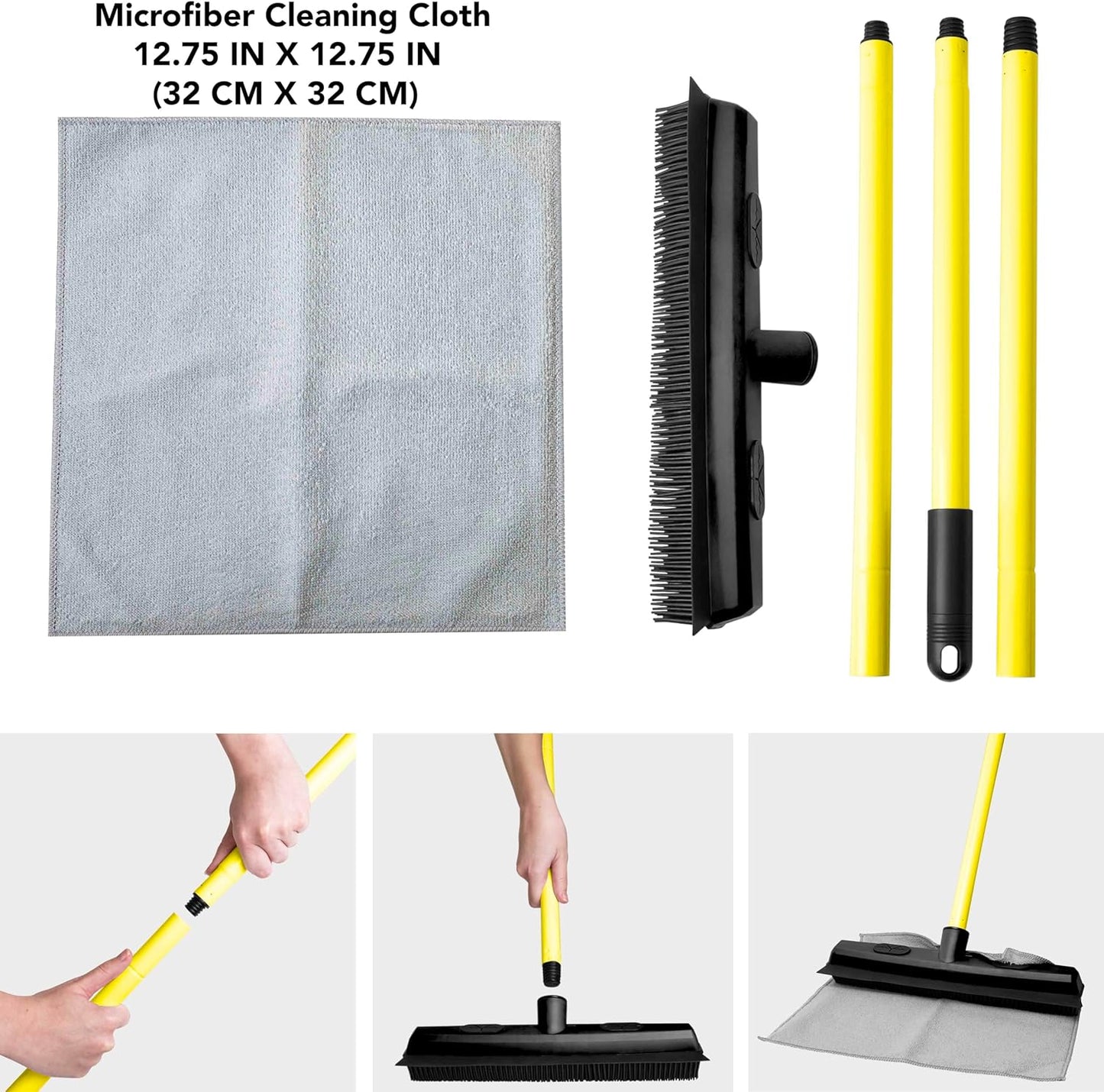 FURemover Sweep Pet Hair Rubber Broom with Squeegee and Attachable Microfiber Cloth and 47” Handle for Tile, Carpet and Hardwood
