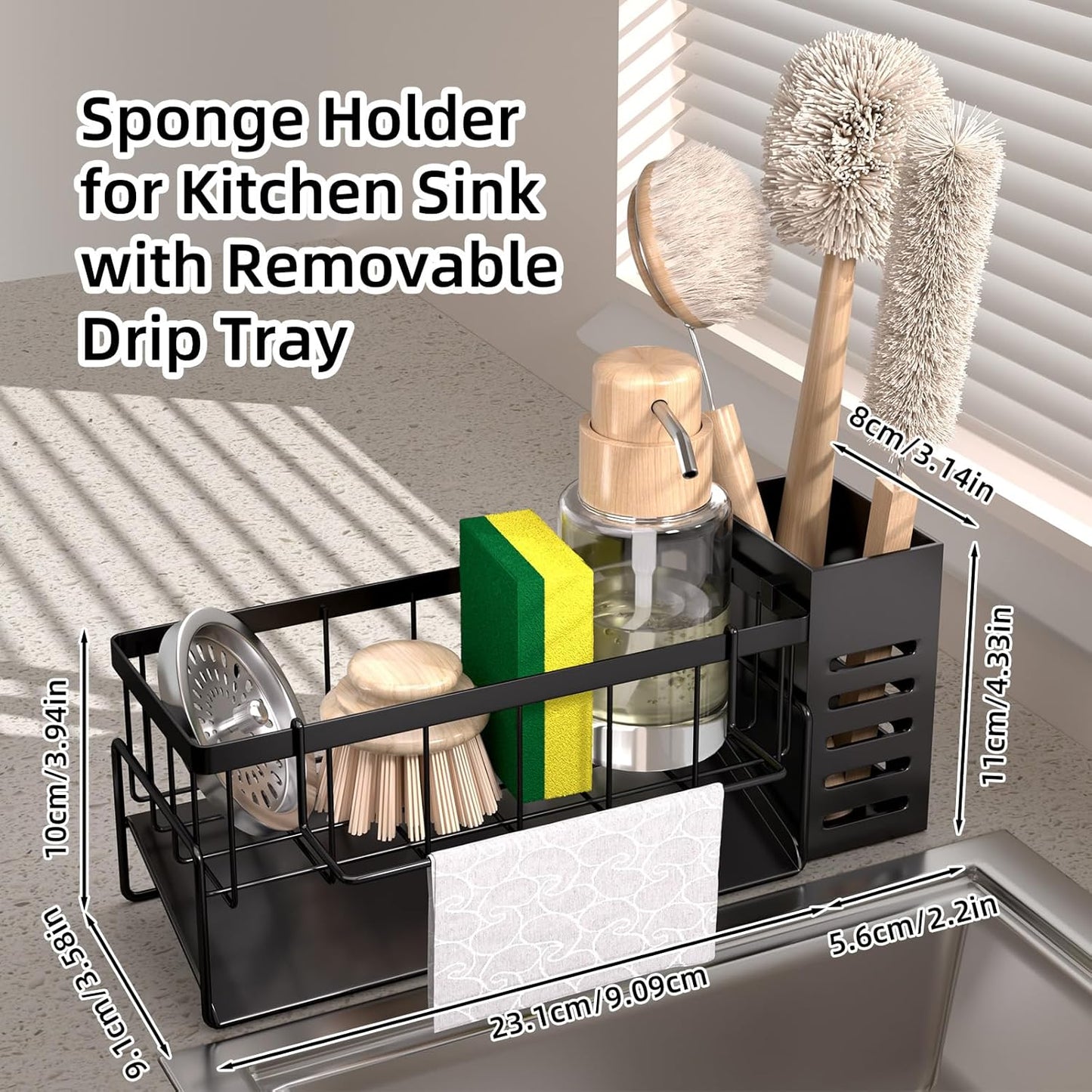 Kitchen Caddy Sink Organizer,Sponge Holder for Kitchen Sink,Dish Soap Dispenser,Kitchen Sink Accessories Countertop Organizer,Stainless Steel Sink Sponge Caddy Over the Sink Shelf