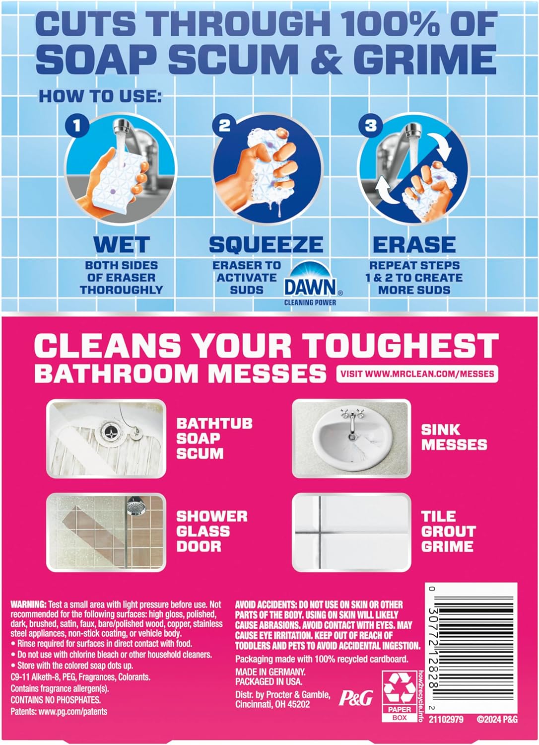 Mr. Clean Magic Eraser Sponge, Bathroom Cleaner, Shower Cleaner, Tub Cleaner, Soap Scum Remover, Bathroom Cleaning Supplies, Dawn Cleaning Power with Febreze Lavender Scent, 5ct