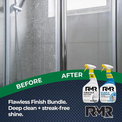 RMR Flawless Finish Bathroom Bundle – Tub & Tile Cleaner + Glass & Surface Cleaner Plus Repellent, 2-Step System for Shower, Tub, Tile, Grout, Glass Doors, & Mirrors, 2–32 Oz Bottles