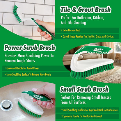 Libman Heavy Duty Scrub Brush Kit | Cleaning Brushes for Household Use | Tub Scrubber | Easy Grip Scrub Brush | Big Job Kitchen Brush | Dual Sided Tile & Grout Brush | 3 Different Brushes Included