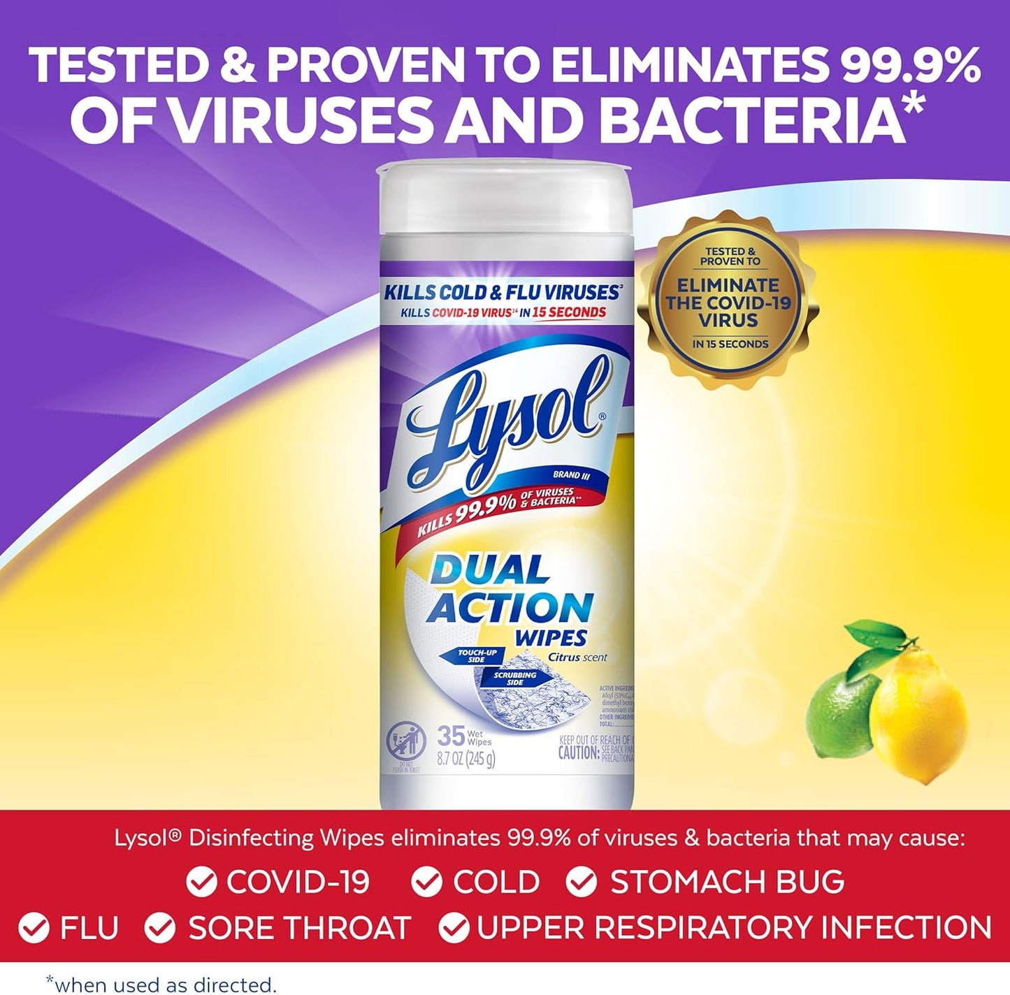 Lysol Dual Action, Disinfecting Wipes, Citrus, Blue 35Ct