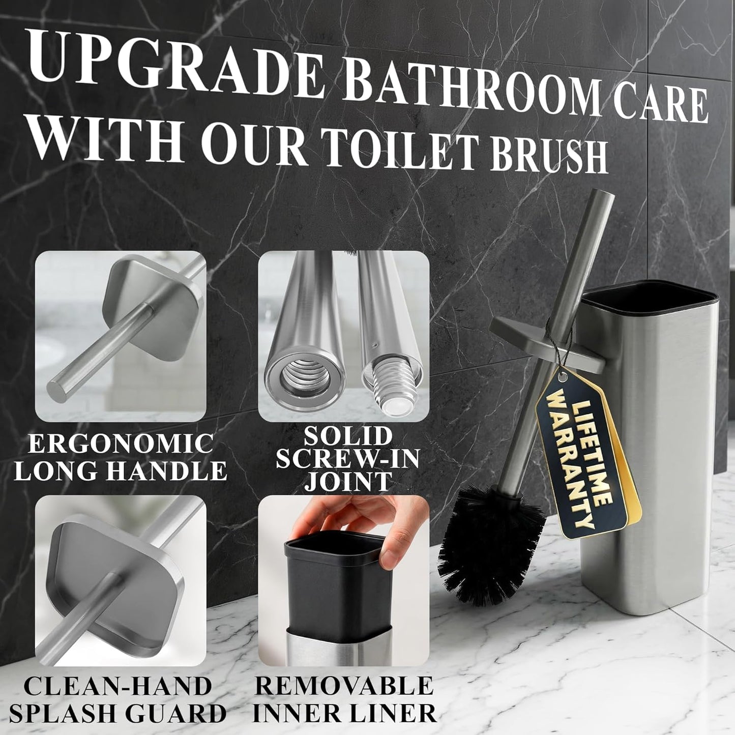 Stylish Stainless Steel Toilet Brush and Holder Set - Silver Toilet Bowl Brush and Holder with Splash Cover, Sturdy Bristles, Corrosion & Scratch Resistant - Elegant Design, Effective Deep Cleaning