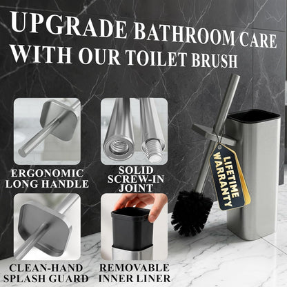 Stylish Stainless Steel Toilet Brush and Holder Set - Silver Toilet Bowl Brush and Holder with Splash Cover, Sturdy Bristles, Corrosion & Scratch Resistant - Elegant Design, Effective Deep Cleaning