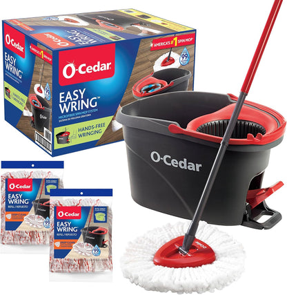 O-Cedar EasyWring Spin Mop & Bucket System | Microfiber Floor Cleaning System | Includes 3 Mop Heads (1 Standard + 2 Deep Clean Refills) | Machine Washable & Reusable