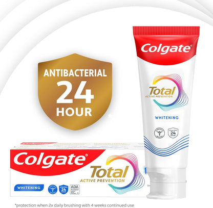 Colgate Total Whitening Toothpaste Paste, 5.1 oz, 4 Pack, Fluoride, Antibacterial, for Plaque, Gingivitis, Sensitivity, Stain Removal, Clinically Proven, Mint, Teeth Whitening, Stannous Fluoride