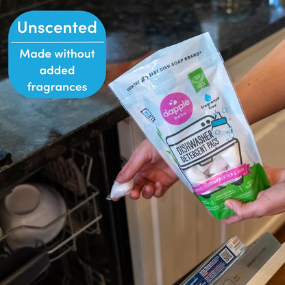 Dapple Baby Dishwasher Detergent Pods - 25 Count - Fragrance-Free, Hypoallergenic & Plant-Powered Dishwasher Pacs - Removes Milk Residue From Baby Bottles