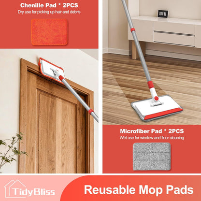 Baseboard Cleaner Tool with Handle, 55.9” Long Wall and Base Board Cleaning Mop, 4 Reusable Pads, 1 Stiff Bristle Scrubber Brush for Floorboard Ceiling Cabinet Window Bathroom Kitchen (Red)