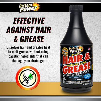 Instant Power Hair and Grease Drain Cleaner - Shower Drain & Sink Cleaner, Liquid Clog Remover, Made in USA, Sink Deodorizer - 1 Liter (Pack of 2)