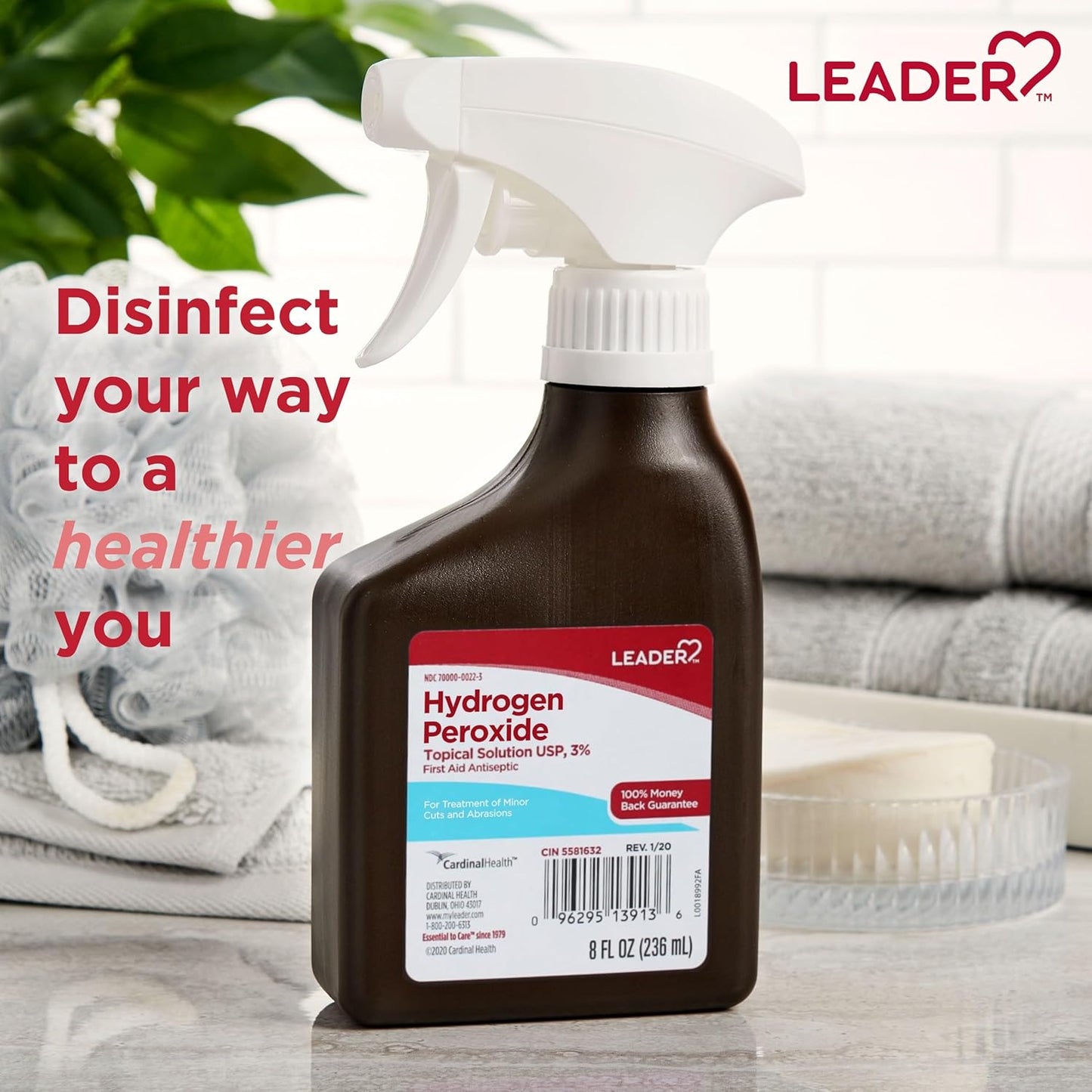 LEADER Hydrogen Peroxide Spray Bottle First Aid Antiseptic 3% Solution – Multi-Purpose Cleaner, Gentle & Effective Disinfectant Spray for Home, Cuts, and Scrapes, Easy-to-Use 8 oz Bottle