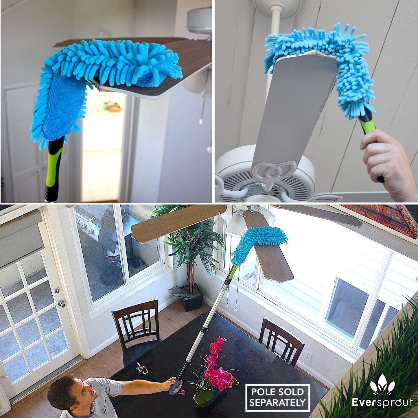 EVERSPROUT 3 Foot Flexible Microfiber Ceiling & Fan Duster | Bendable to Clean Any Fan Blade | Removable & Washable Brush Head | 3-Stage Lightweight Aluminum Extension Pole