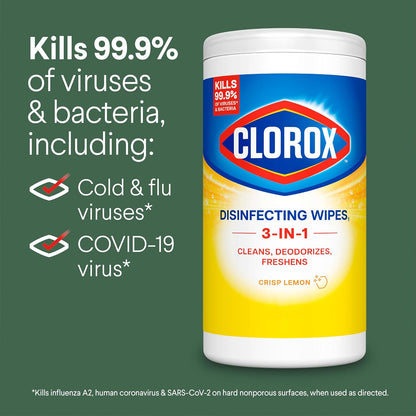 Clorox Disinfecting Cleaning Wipes, Antibacterial, Bleach Free, Crisp Lemon, 75 Count (Pack May Vary)