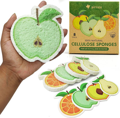 AIRNEX Compressed Cellulose Sponges - 12 Pack Fruit Shaped Natural Pop Up Dish Sponge for Kitchen - Compostable, Plant-Based, Non Scratch Cleaning Sponges Bulk for Dishes & Household Cleaning