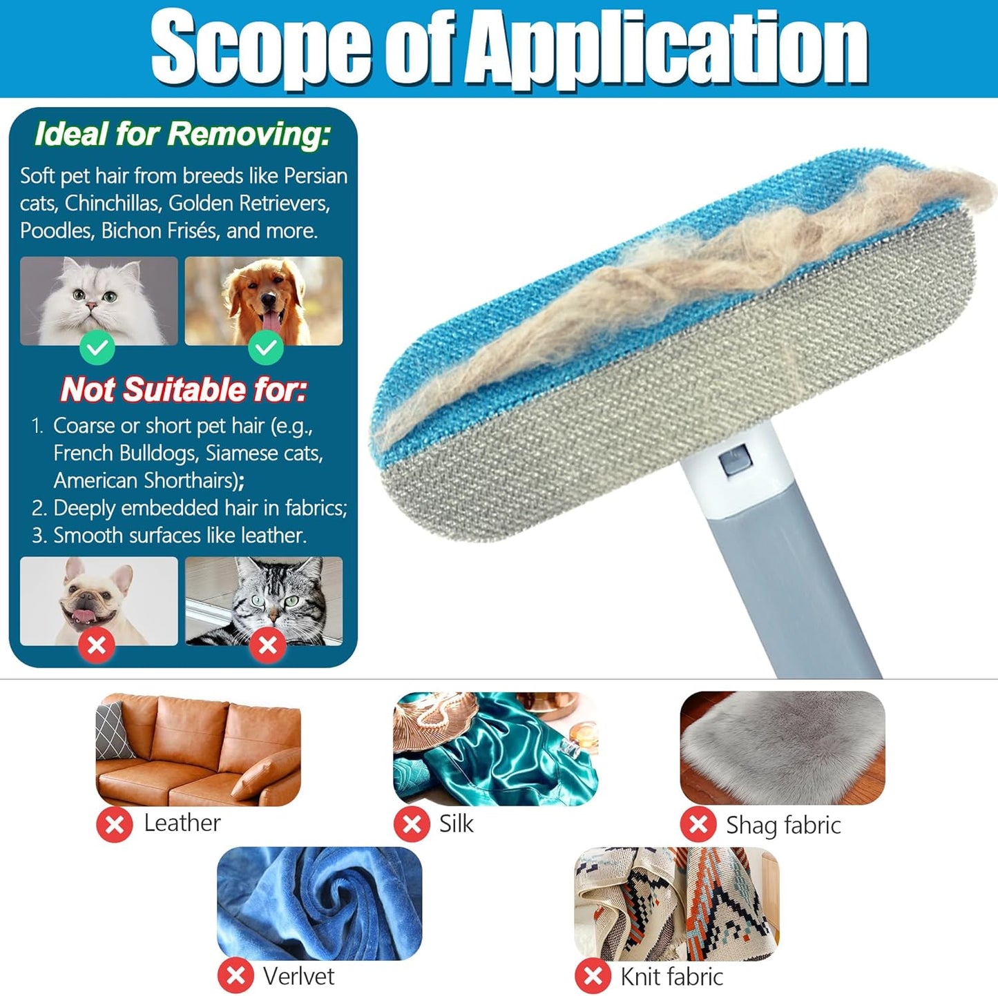 Magic Pet Hair Remover for Dog Cat Owners 1 Pieces,TikTok 4 in 1 Multifunctional Pet Hair Removal Tool for Couch Furniture Carpet Clothing, Reusable Washable Broom Brush for Window Tile Lint Cleaning