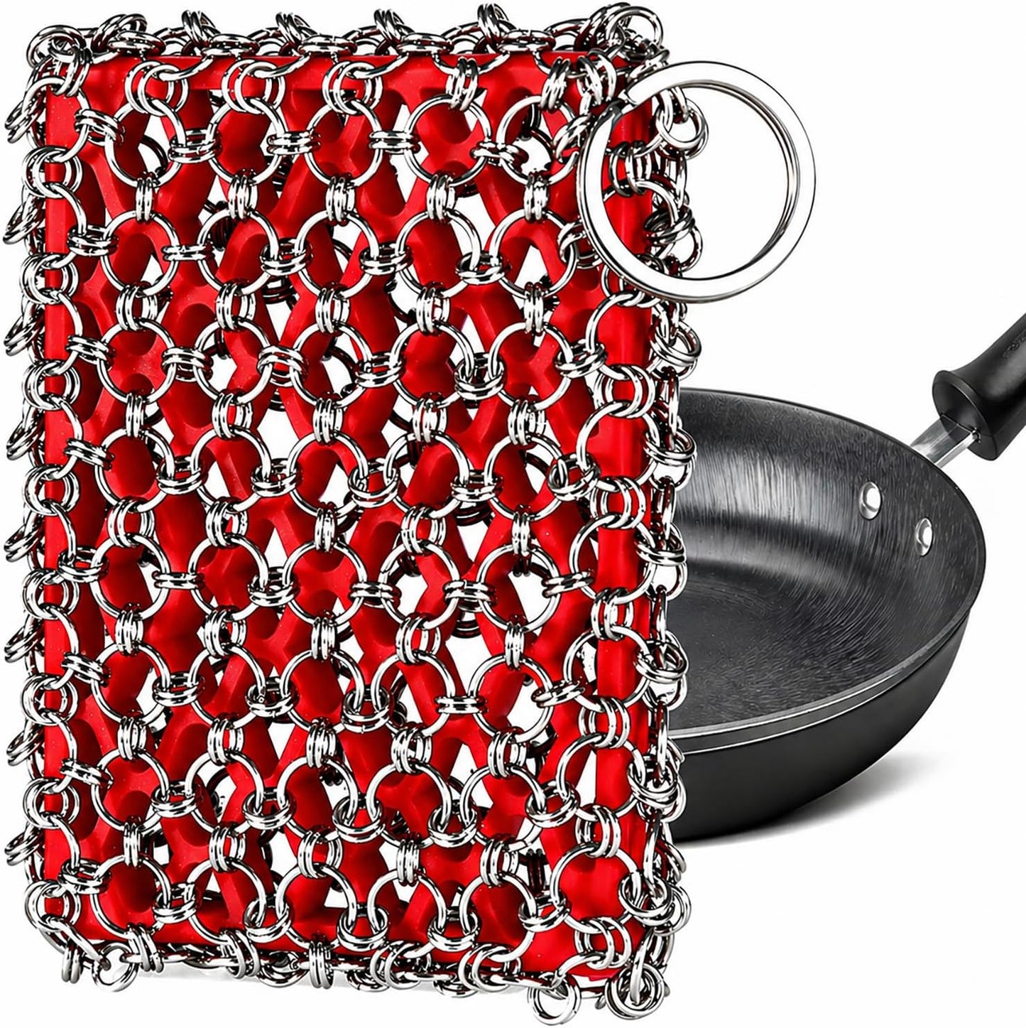 TEZZ Cast Iron Scrubber, Skillet Chainmail Scrubber for Cast Iron Pan - Chain Mail Scrubber Cast Iron Sponge - Metal Scrubber Cast Iron Skillet Cleaner, Wok, Frying Pans, Dutch Oven Cleaning Scrubber