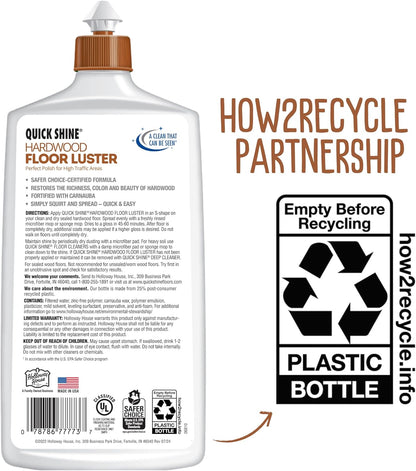 Quick Shine Hardwood Floor Luster-Polish 64oz | Plant-Derived w/Carnauba | Safer Choice, No PFAS, pH Neutral | Ready to Use Formula w/Anti-Slip Technology | Simply Squirt & Spread | Made in USA
