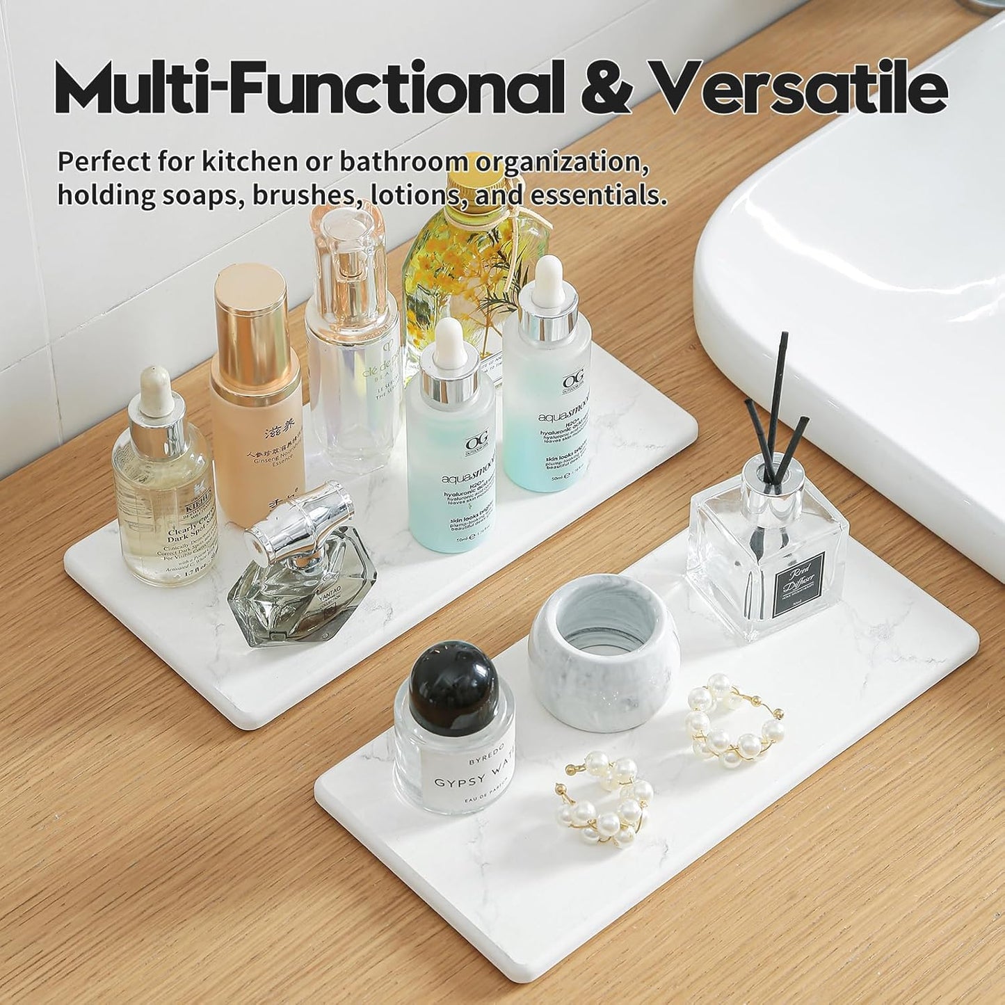 2PCS Water Absorbing Stone Drying Tray for Kitchen Counter & Bathroom Sink, Diatomite Faucet Splash Guard, Soap Dispenser Rack & Sponge Holder Caddy Organizer, Marble White (Printed Pattern), 9"x 3.5"
