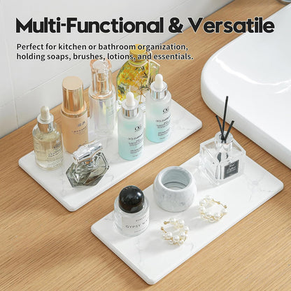 2PCS Water Absorbing Stone Drying Tray for Kitchen Counter & Bathroom Sink, Diatomite Faucet Splash Guard, Soap Dispenser Rack & Sponge Holder Caddy Organizer, Marble White (Printed Pattern), 9"x 3.5"