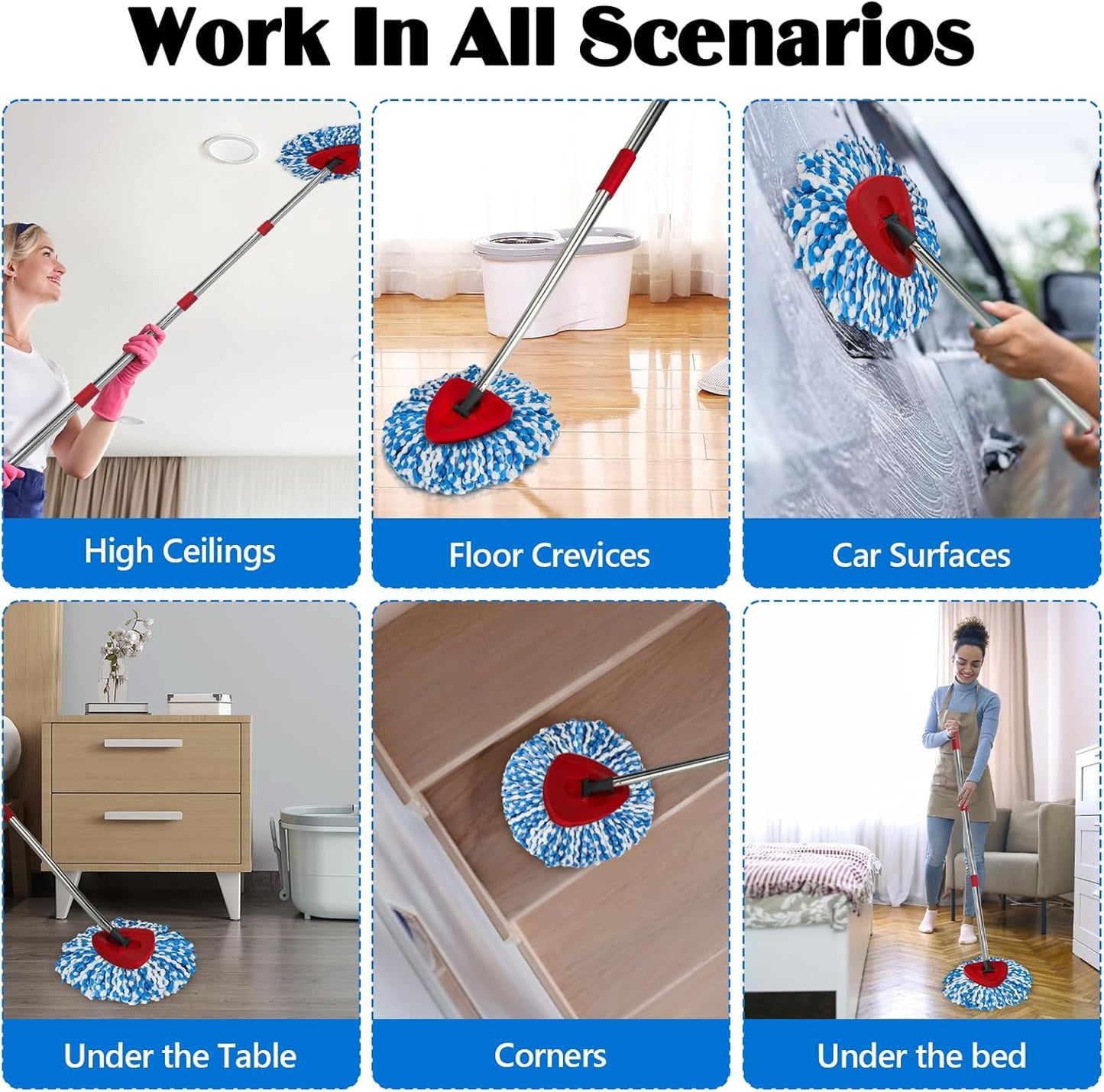 Spin Mop Replacement Set for O-Ceda RinseClean 2-Tank System, 16 Microfiber Spin Mops Refills,1 Scrubber Head,1 Triangle Spin Base,and(31-63in) Adjustable Handle Set Combo