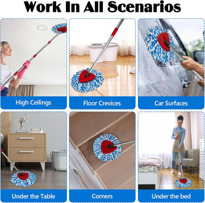 Spin Mop Replacement Set for O-Ceda RinseClean 2-Tank System, 16 Microfiber Spin Mops Refills,1 Scrubber Head,1 Triangle Spin Base,and(31-63in) Adjustable Handle Set Combo