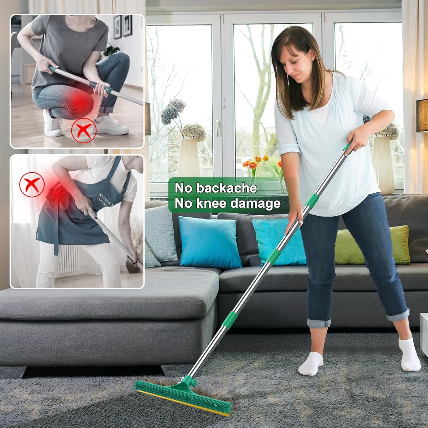 3 in 1 Carpet Rake for Pet Hair Removal, Reusable Pet Hair Remover Broom, 60'' Adjustable Long Handle Dog and Cat Hair Remover Tool Set of 3, Lint Remover Scraper for Carpets, Rugs, Mats, Couch, Car